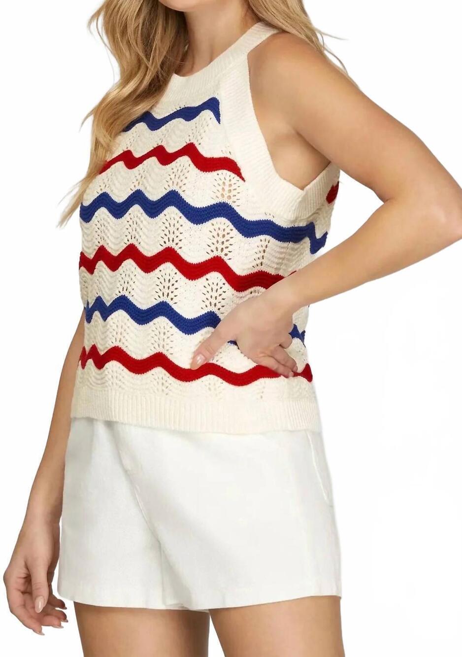 NEW SHE + SKY wavy stripe halter sweater top in red/blue
